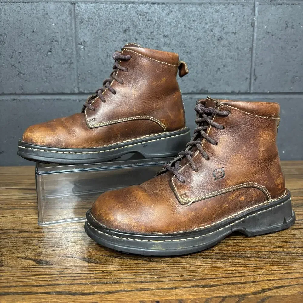 Born Brown Leather Lace Up Ankle Boots Lug Sole Comfort Women’s Size 6
